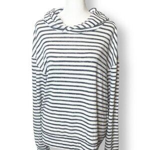 A New Day Sweater Women's Large L Long Sleeve Pullover Hooded Stripe White Navy